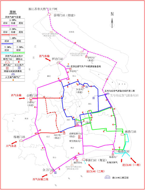 上海市天然氣主干管網(wǎng)和重點(diǎn)設(shè)施“十二五”規(guī)劃示意圖